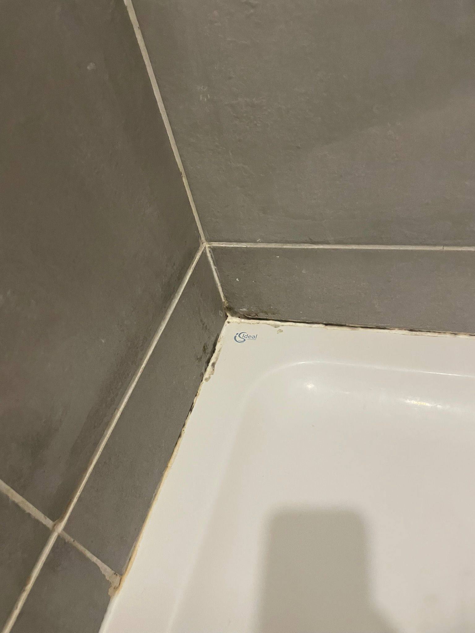 Avant : joints de douche moisis et angle entartré dans une salle de bain à Montpellier